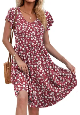 Produktbild von Sommerliches Midikleid – Mit V-Ausschnitt, Rüschen und Taschen – Mit rotem Blumenmuster