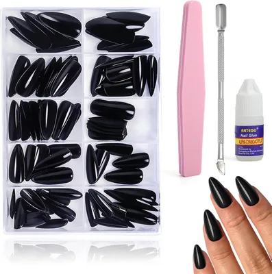 Produktbild von Künstliche Fingernägel 120 Stück, lange Mandelform, schwarz, für Maniküre
