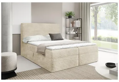 Produktbild von MEBLINI Boxspringbett mit Bettkasten - 140x220 - H4/Beige Cordstoff - TALIA - Gepolstert Doppelbett mit Matratze und Topper - Polsterbett mit Stauraum - Bett mit Kopfteil - Stauraumbett