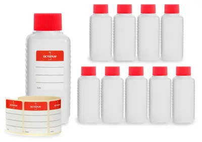 Image de 10 flacons en plastique de 100 ml à bouchon rouge (vides)