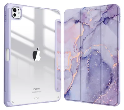 Produktbild von Fintie Hybrid Hülle für iPad Pro 11 Zoll (M5/M4) 2025/2024 mit Stifthalter - Stoßfeste Schutzhülle Case mit transparenter Hartschale auf der Rückseite, Lila Marmor