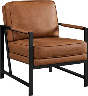 Produktbild von Yaheetech Retro Sessel aus Kunstleder, Polsterstuhl mit Rückenlehne & Metallrahmen, Lehnstuhl Relaxsessel, Hellbraun