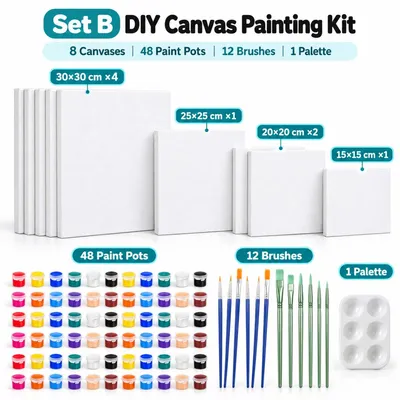 Produktbild von Malset mit 8 Leinwänden, 48 Farben, 12 Pinseln und Mischpalette – DIY Künstler Set mit verschiedenen Leinwandgrößen
