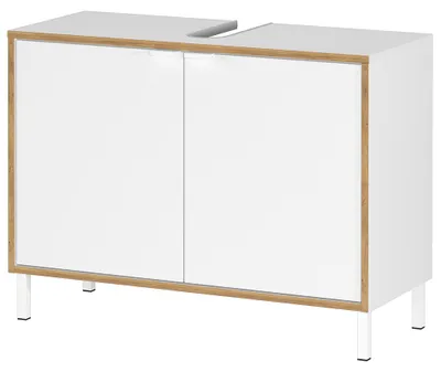 Produktbild von Badezimmer Waschbeckenunterschrank 80 cm breit in Weiß mit Eiche, Metallfüße - TRAPANI-01