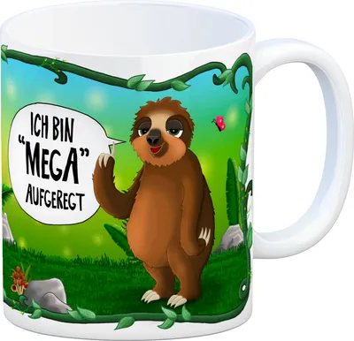 Produktbild von Kaffeebecher mit Faultier Dschungelmotiv und Spruch: Ich bin mega aufgeregt