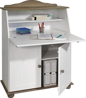 Produktbild von Sekretär Schreibtisch Landhausstil Kommode Klappensekretär Schreibkommode DAVID COLMAR, Kiefer massiv, taupe/weiß