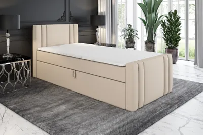 Produktbild von Boxspringbett, Jugendbett KLAUS 90x200 (Rechts) mit Bettkästen, Bonell-Matratze und Topper. Farbe: Beige.