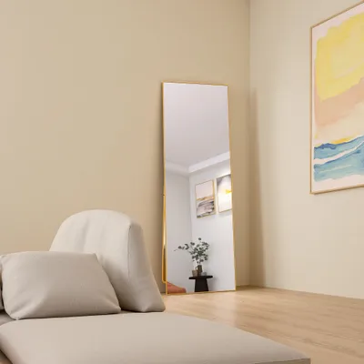 Image de Miroir de maquillage rectangulaire en verre trempé, cadre en aluminium noir, 162 x 53 cm, design moderne élégant pour chambre ou salle de bain