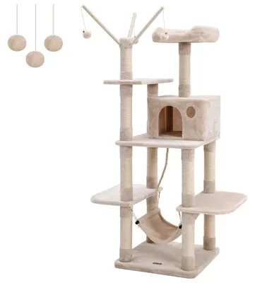 Kletterbaum XXL, 154 cm, mit Hängematte, Höhle und Sisal, grau/beige