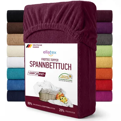 Produktbild von EllaTex FROTTEE TOPPER Spannbettlaken 90x200 – 100x200 Baumwolle – weich & warm, Spannbetttuch für Topper bis 12 cm, in Farbe: Burgund