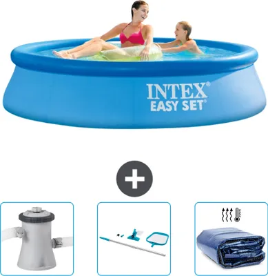 Produktbild von Intex runder aufblasbarer Easy Set-Pool – 244 x 61 cm – Blau – im Lieferumfang enthalten Filterpumpe für Schwimmbad - Reinigungskit - Sonnensegel