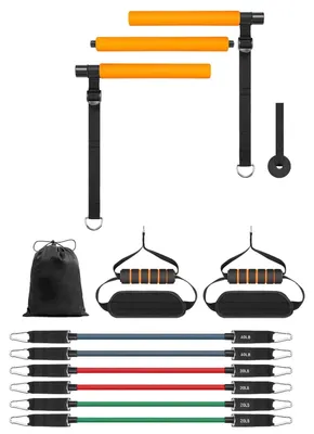 Produktbild von Pilates Bar mit Widerstandsbändern - Heimfitness Set - 6 Bänder 9/14/18 kg - Türanker - Ganzkörpertraining - Krafttraining - Unisex