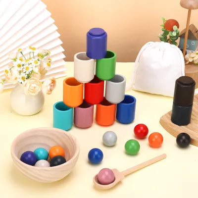 Produktbild von Kugeln in Tassen Lernspielzeug Holzspielzeug Sortierspiel 12 Kugeln 30 mm Ab 1+ Jahre Farbsortierung und Zählen Vorschulerziehung Holz Regenbogenball