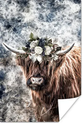 Produktbild von MuchoWow® Poster Schottisches Hochlandrind - Blumen - Schwarz 20x30 cm - Papierdruck