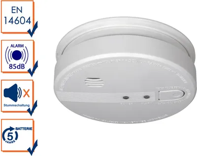 A white smoke detector is shown next to a series of icons and text indicating its features and certifications.
