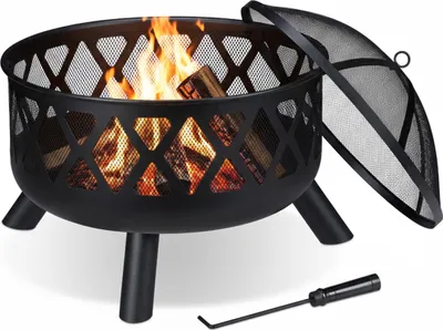 Produktbild von Relaxdays Feuerschale mit Funkenschutz, Ø 62 cm, mit Schürhaken, Garten, Terrasse, Outdoor Feuerstelle, Stahl, schwarz