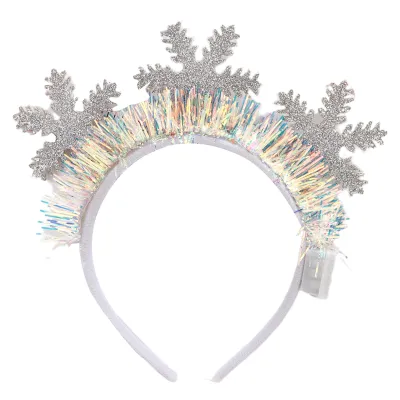 A product shot of a headband with snowflake decorations.