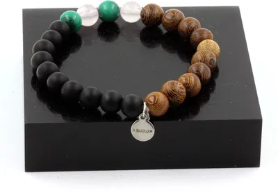 Immagine prodotto di Bracciale di perle di malachite del Congo + quarzo rosa + onice nero opaco + legno 8 mm