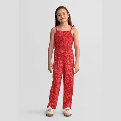 Produktbild von Minoti Mädchen Overall Polyester-Elasthan Rot - Kinder Overall mit Blumenmuster und verstellbaren Trägern