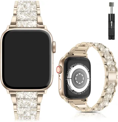 Produktbild von FFO2World Bling Armband kompatibel mit iWatch 42/44/45/46/49mm - Vintage Gold - Slim Schmuckarmband Ersatzband, verstellbar