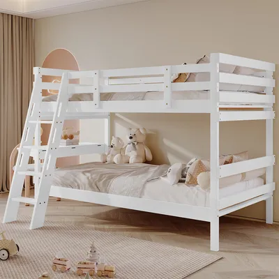 Produktbild von Etagenbett mit Schreibtisch und Vierstufiger Leiter Design des Sicherheitszauns Doppelbett Kinderbett Hausbett Jugendbett 90x200cm Weiß