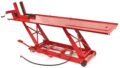 Produktbild von Hydraulisches Motorhebepult 450 kg, Luxe-Klammern, rot, pneumatisch und hydraulisch.