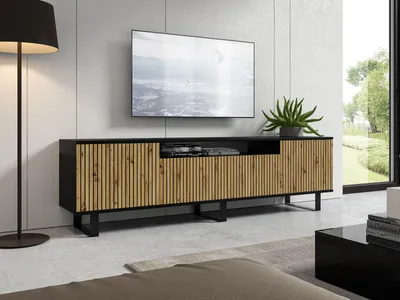 Produktbild von TV-Schrank 200 cm PANAMA Fronten Eiche artisan, 4 geräumige Regale, Fach für den Receiver, TV Möbel, Push-Open, schwarze Rahmenfüße - Eiche, Schwarz