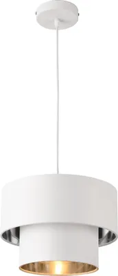 A white pendant light with a silver inner shade and gold interior.