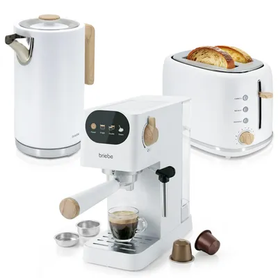 Produktbild von Briebe SKT1209WHT Nordic Set Espressomaschine 20 Bar, Toaster für 2 Scheiben, Wasserkocher 1,7 L Weiß