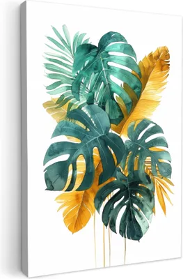 Obrázok produktu pre MuchoWow® - Plátno - Listy - Tropické - Zlaté - Zelené - Moderné, nástenná maľba, nástenné dekorácie obrazy obývacia izba, 40x60cm