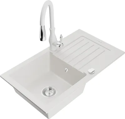 Produktbild von Mexen Pablo 1 Becken-Granitspüle mit Abtropffläche und Mischbatterie Savita, Weiß - 6510-20-672601-20