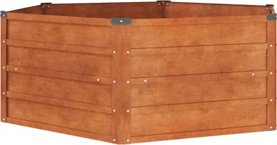 A wooden raised garden bed is shown from a slightly elevated angle against a white background.