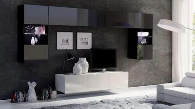 Produktbild von Wohnwand CALABRINI-2 Wohnzimmer-Set Hängewohnwand Schrankwand mit LED-Beleuchtung TV-Schrank Vitrine Moderne Anbauwand Hochglanz (Schwarz + Weiß)