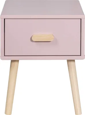 A pink nightstand with a wooden drawer pull and wooden legs, shown against a white background.