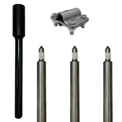 A set of grounding rods, a clamp, and a hammer head are arranged on a white background.