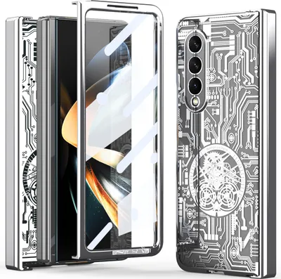 A silver phone case with a circuit board design is shown, with a phone partially inserted.