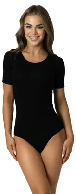 Produktbild von Alkato Damen Kurzarm Body Baumwolle Bodysuit mit Rundhalsausschnitt blickdicht, Farbe: Schwarz, Größe: L (Short 158-164 cm)