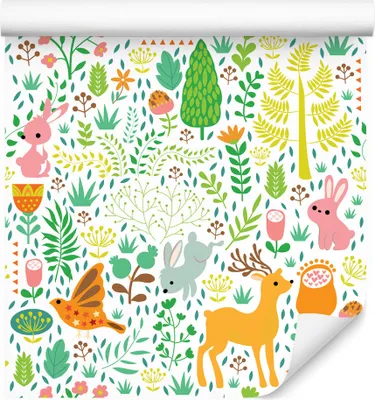 Produktbild von 10m VLIES TAPETE Rolle Kinderzimmer Wald Hirsche Hasen Bäume Blumen XXL