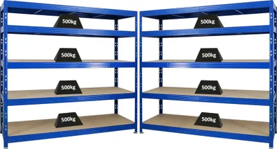 Produktbild von Mega Deal | 2x Profi Schwerlastregal Rhino | HxBxT 180x200x60cm | 5 Spanplatten-Ebenen 8mm | Fachlast 500kg | Blau
