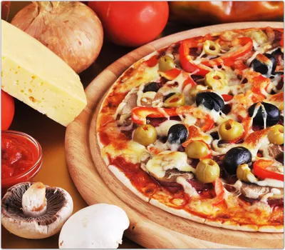 Produktbild von Spritzschutz Herdabdeckplatte Schneidebrett aus Glas Pizza und Gemüse 1-Teilig (60x52cm)