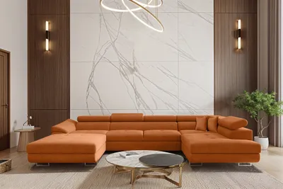 Produktbild von Wohnlandschaft Schlafsofa Sofa CARMELO in Stoff Nova Orange Ottomane Links