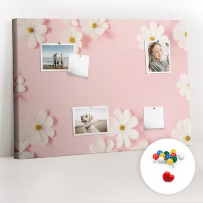 Obrázek produktu pro Korková nástěnka s kolíčky - Tabule s kolíky pro fotografie a poznámky - 100x70 cm - Připínáčky barevné 100 kusů - Květy sedmikrásek