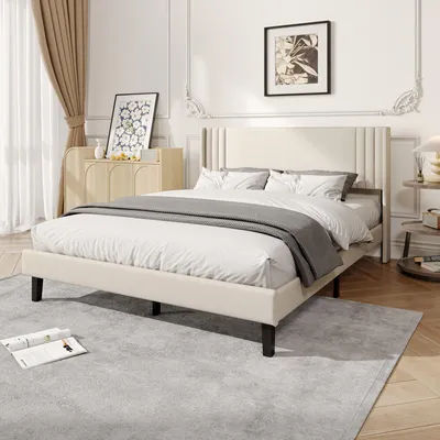 Produktbild von Polsterbett 140x200 cm mit Lattenrost, hohem gepolstertem Kopfteil, Metallrahmen, Leinenstoff Beige, 15 cm Bodenfreiheit, bis 363 kg, ohne Matratze