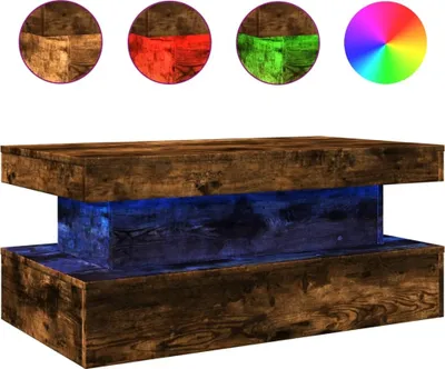 A rustic wooden coffee table with integrated blue LED lighting.