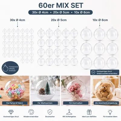 Produktbild von 60 Acrylkugeln Mix Set Transparent 30x Ø4cm 20x Ø5cm 10x Ø6cm Füllbare Bastelkugeln DIY Dekoration, KI-generiertes Bild
