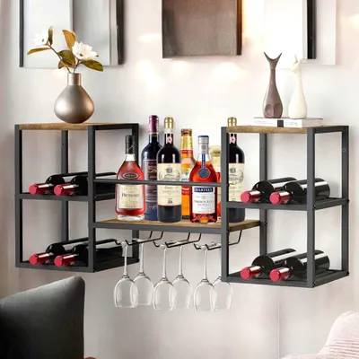 Immagine prodotto di DanDiBo portabottiglie da parete in metallo e legno 96604 portabottiglie con portabicchieri da parete portabottiglie vino portabottiglie vino