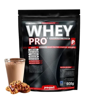 Produktbild von Prosport WHEY PRO® Whey Protein Pulver – Choc & Cookie 908g – Konzentrat-Isolat-Mix, Eiweißpulver mit Zink, Vitamin B6 & EAAs, Protein Shake für Muskelaufbau