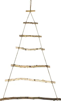 A handmade Christmas tree decoration made of branches and string, suspended against a white background.
