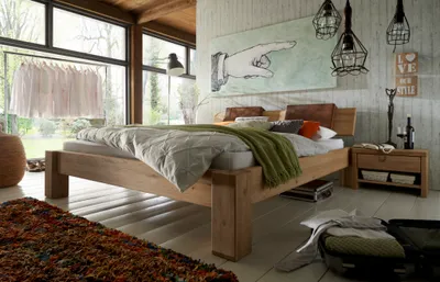 Produktbild von Bett Viborg Sonderlänge 90x190 Wildeiche Bianco Kopfteil und 1 Hängekissen