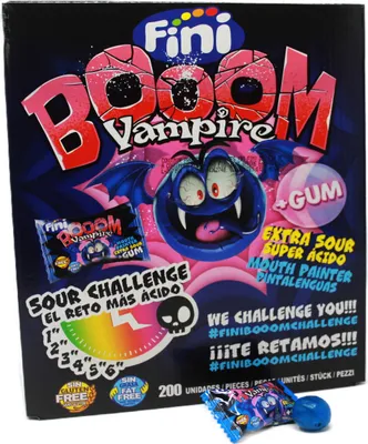 Obrázek produktu pro Bubble Gum Boom Vampire tvrdá karamelová žvýkačka kyselá 200 kusů displej